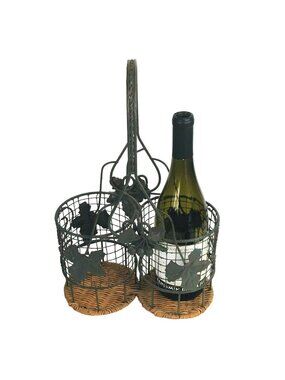 Vintage Wine Bottle Basket Metal Wicker Grape Leaf Rustic Design Caddy Carrier